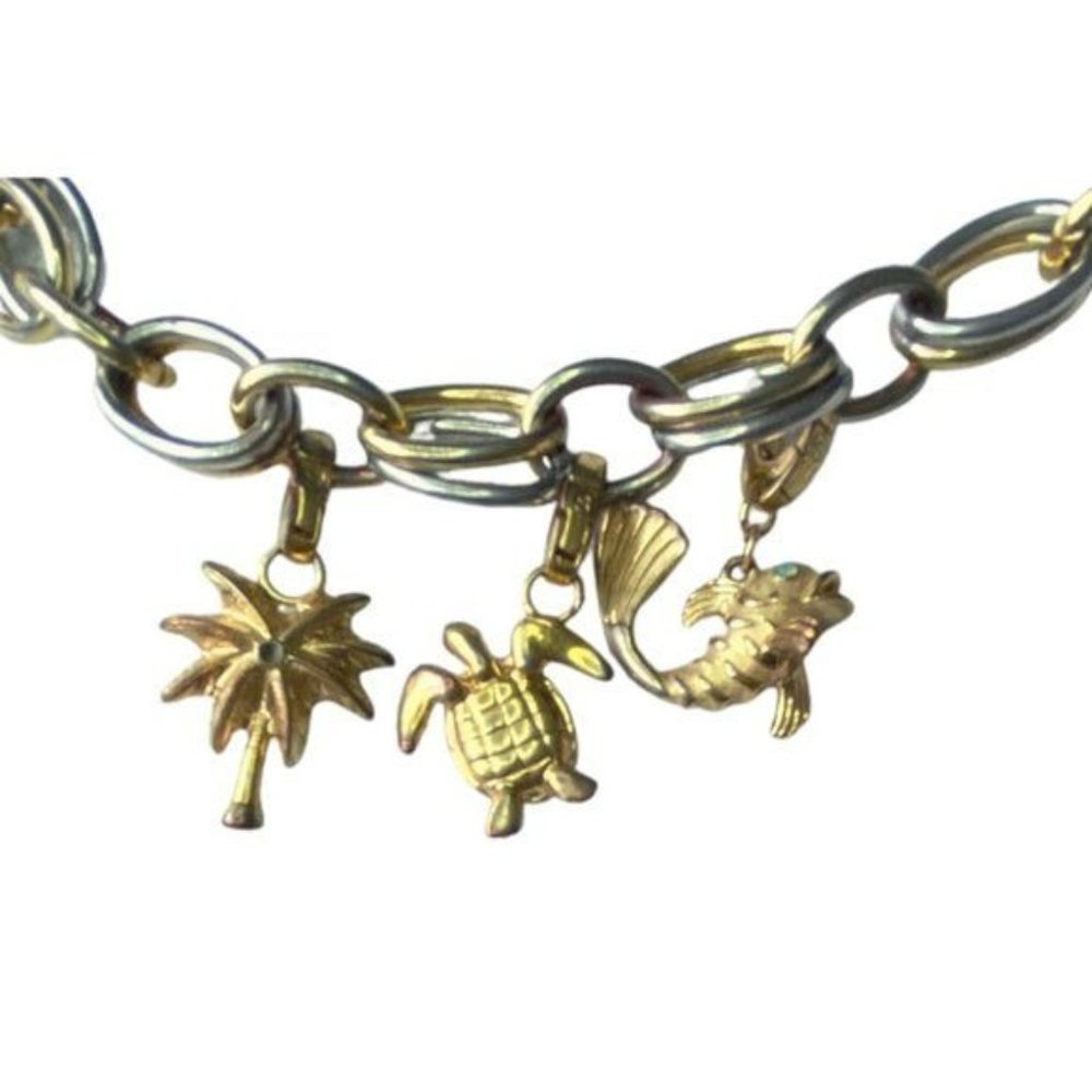 Spartina 449 18 KT Gold and Silver Charm Bracelet- Turtle, Fish, Palm Tree